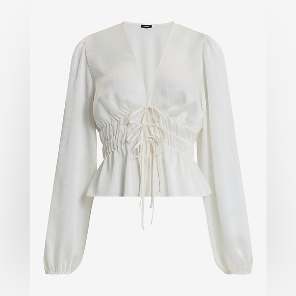 Express V-Neck Long Sleeve Smocked Tie Front Top NWT Size XL - Picture 2 of 7